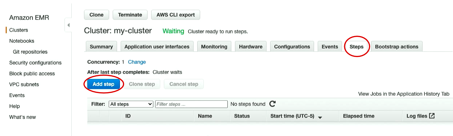 AWS EMR Cluster Add Step Screen