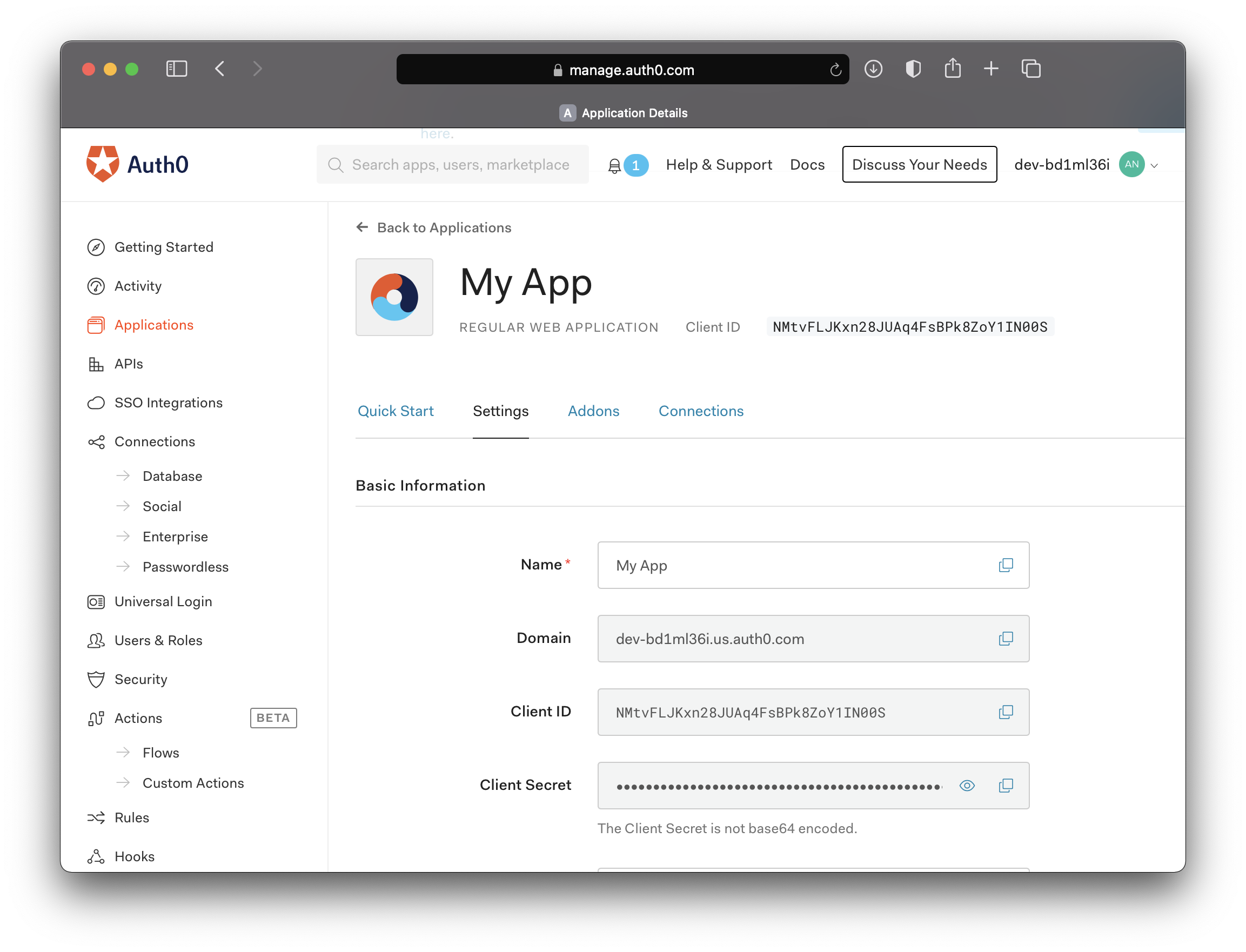 Auth0 application configuration screenshot for OAuth OIDC.