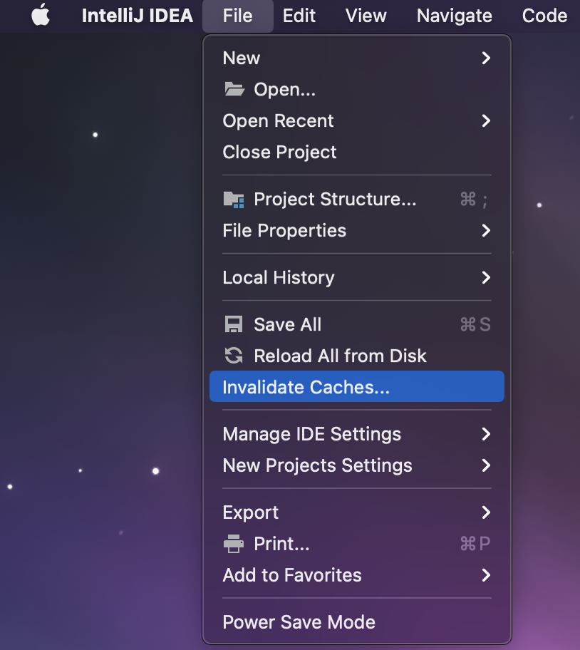 IntelliJ invalidate caches menu