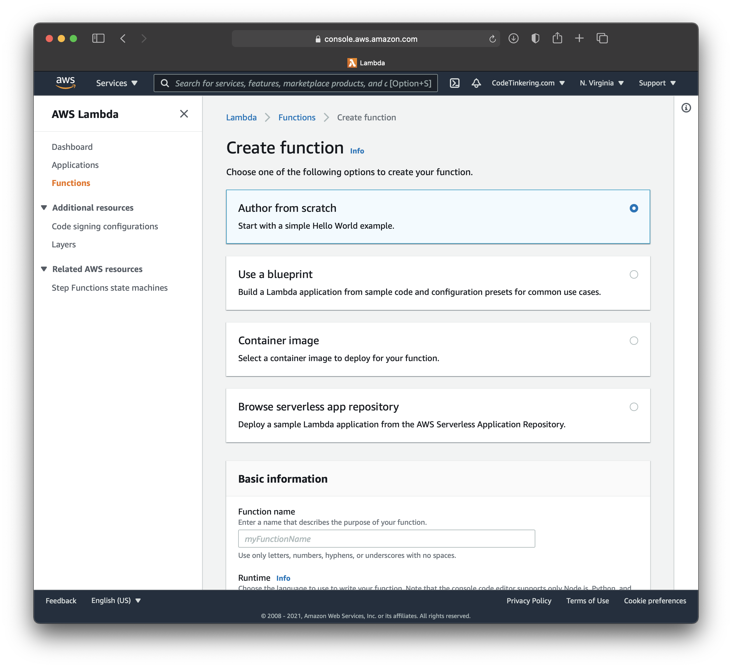 AWS Lambda Console create function from scratch