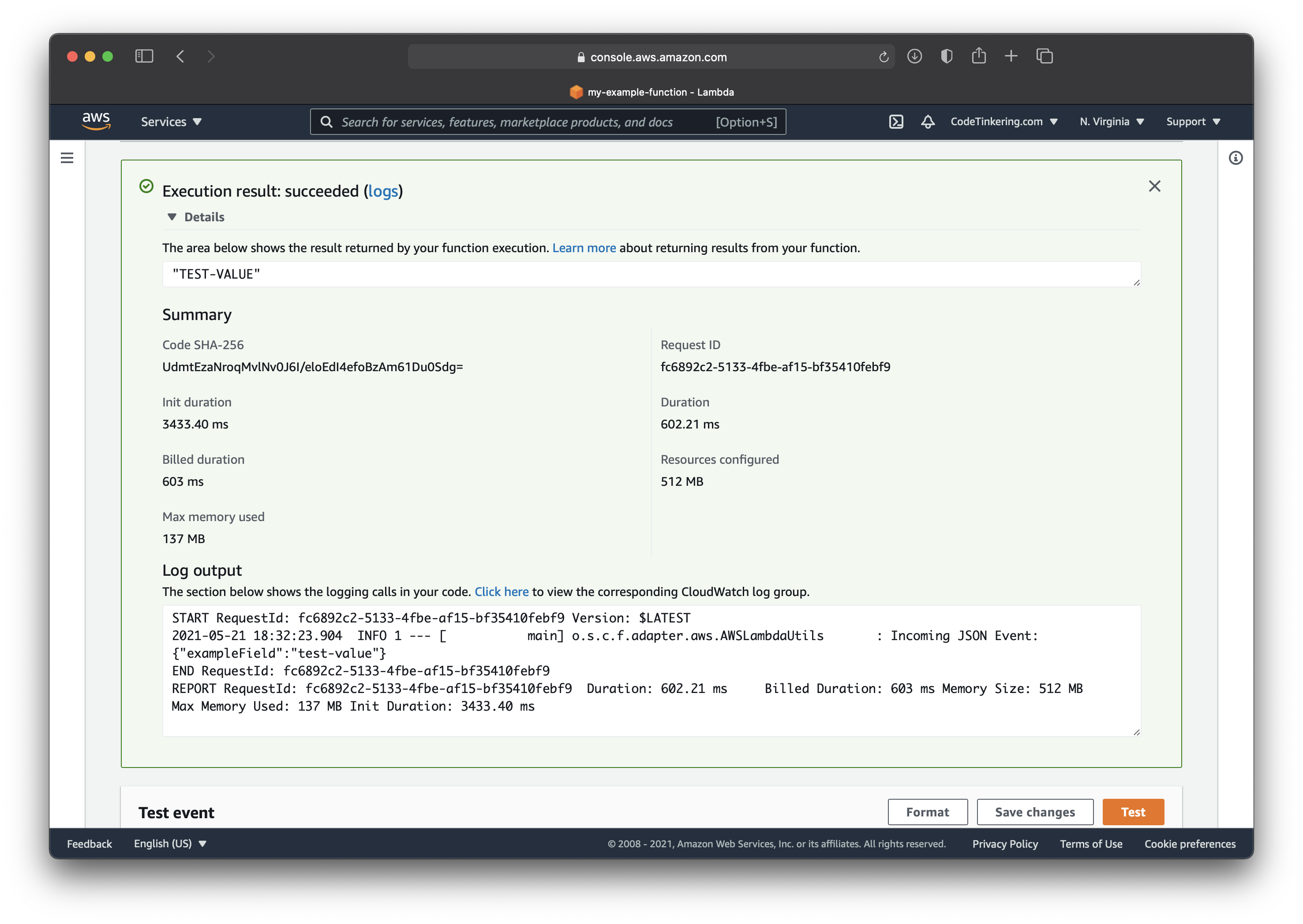 AWS Lambda execution results for Spring Cloud Function Succeeded